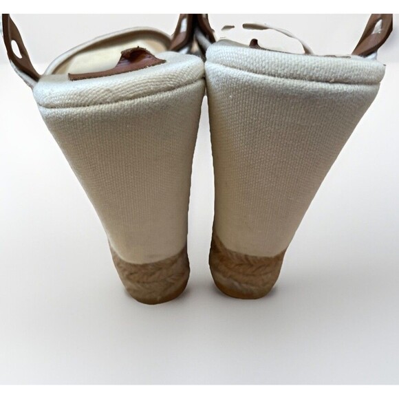 Tory Burch Sandals 9.5 Espadrille Slingback Cream Brown Canvas Casual Wedges - Picture 8 of 11